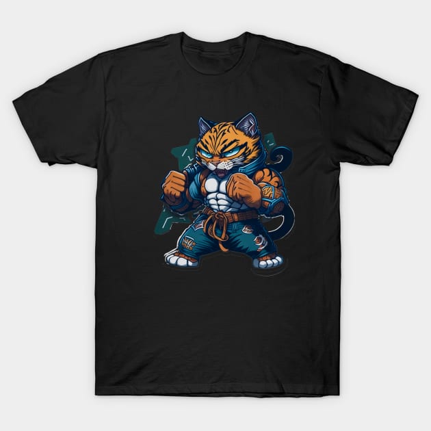 Tiger Cat Fight Club: Cartoon Feline in Jeans and Tee T-Shirt by ImaginativeInkPOD